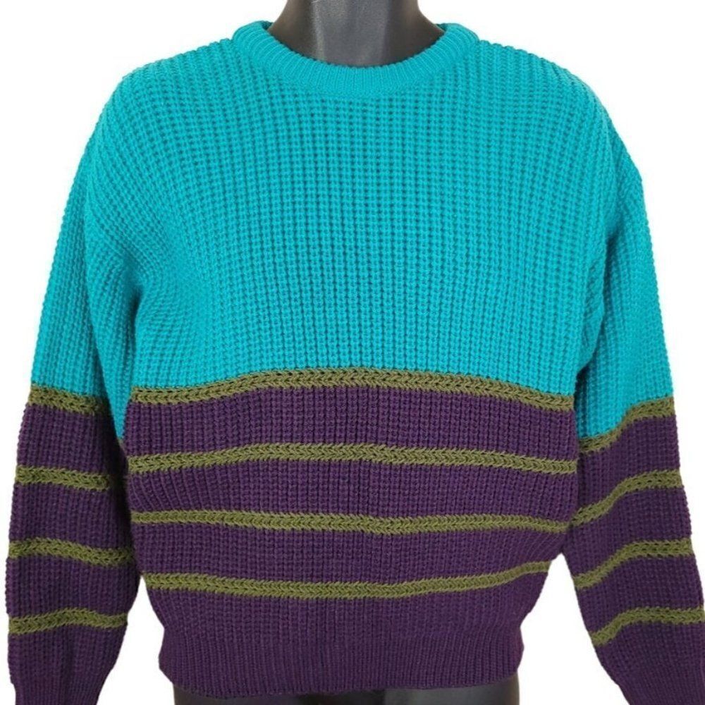 Mervyns Sweater Vintage 80s 90s Striped Winter Wear Blue Purple Mens Size Medium